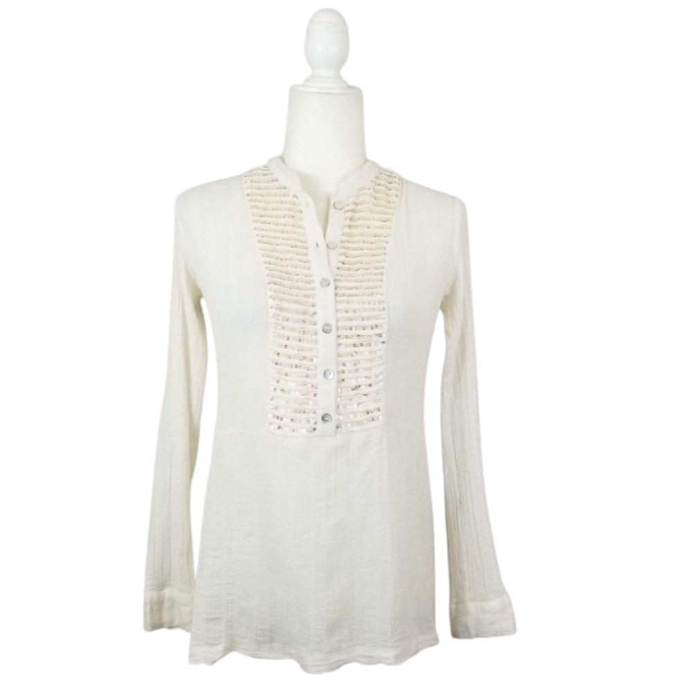 LOGO cream sequined long sleeve mandarin collar buttoned tunic top size XXS
